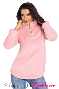 Sexy Pink Zipped Pullover Fleece Outfit