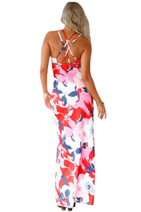 Sexy Pinkish Multi-color Floral Print Crisscross Back Maxi Dress