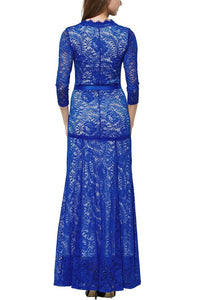 Sexy Plunging Neck Three Quarter Sleeve Blue Lace Dress