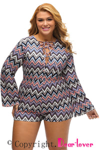 Sexy Plus Multicolor Zigzag Print Deep V Lace-up Long Sleeve Playsuit