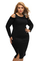Sexy Plus Ribbed Cold Shoulder Black Long Sleeves Dress