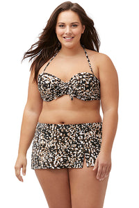 Sexy Plus Size Animal Print Tie Front Bandeau Skirt Swimwear