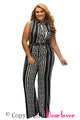 Sexy Plus Size Black Print Gold Belted Jumpsuit