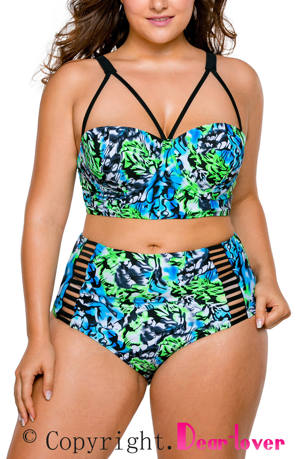 Sexy Plus Size Blue Green Print High Waist Bikini Swimsuit SEXY AFFORDABLE CLOTHING Sexy Plus Size Blue Green Print High Waist Bikini Swimsuit SEXY AFFORDABLE CLOTHING