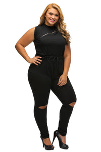Sexy Plus Size Creative Zip Line Black Stretchy Jumpsuit