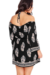 Sexy Plus Size Floral Print Bardot Neck Black Off-shoulder Dress