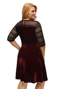 Sexy Plus Size Mesh Insert Burgundy Velvet Swing Dress