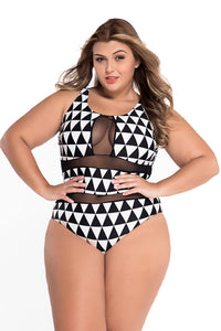 Sexy Plus Size Mesh Insert Trigon Print Teddy Swimsuit