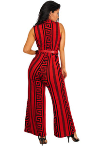 Sexy Plus Size Red Print Gold Belted Jumpsuit