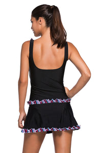 Sexy Plus Size Ruffle Trim Black Active Tank Top and Skort Swimsuit