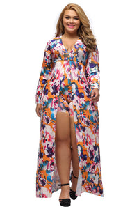 Sexy Plus Size Sleeved Floral Romper Maxi Dress
