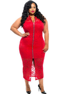 Sexy Plus Size Sleeveless Lace Zipper Front Dress in Red