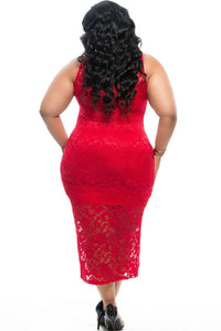 Sexy Plus Size Sleeveless Lace Zipper Front Dress in Red