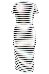 Sexy Plus Size White Black Stripe High Slit Maxi Dress