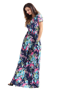 Sexy Pocket Design Short Sleeve Bright Blue Floral Maxi Dress