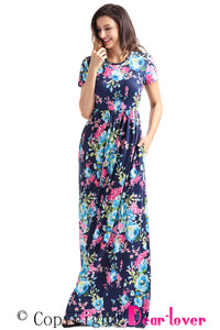 Sexy Pocket Design Short Sleeve Bright Blue Floral Maxi Dress
