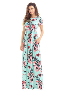 Sexy Pocket Design Short Sleeve Mint Floral Maxi Dress