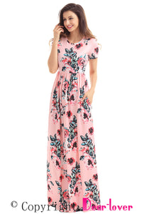 Sexy Pocket Design Short Sleeve Pink Floral Maxi Dress