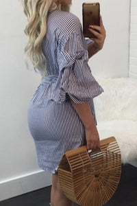 Sexy Puff Sleeve Vertical Striped Mini Dress