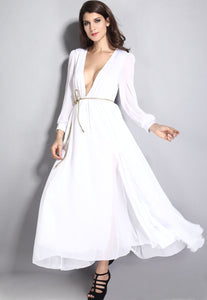 Sexy Pure White Layered Sheer Ruffling Jersey Maxi Dress
