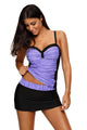 Sexy Purple Black Ruched Tankini and Skirted Swimsuit