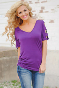 Sexy Purple Cold Shoulder Ruched Sides T-shirt