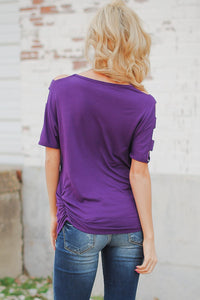 Sexy Purple Cold Shoulder Ruched Sides T-shirt