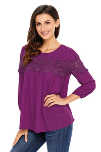 Sexy Purple Crochet Detail Long Sleeve Babydoll Top
