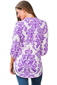 Sexy Purple Damask Print Slight Collar V Neck Blouse