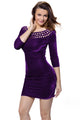 Sexy Purple Hollow Out Round Neck Sleeved Velvet Dress