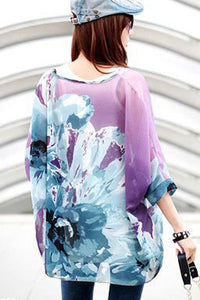 Sexy Purple Ink Painting Floral Print Chiffon Blouse