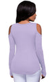 Sexy Purple Long Sleeve Cut-out Shoulder Ribbed Top