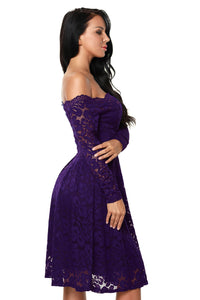 Sexy Purple Long Sleeve Floral Lace Boat Neck Cocktail Swing Dress