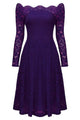 Sexy Purple Long Sleeve Floral Lace Boat Neck Cocktail Swing Dress