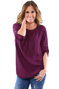 Sexy Purple Ruched Detail Pin up Sleeve Front Blouse