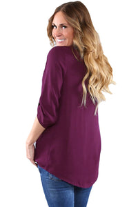 Sexy Purple Ruched Detail Pin up Sleeve Front Blouse