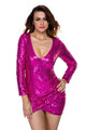 Sexy Purple Ruched Sequin Long Sleeve Nightclub Dress