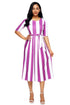 Sexy Purple Stripe Print Half Sleeve Belted Dress