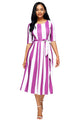 Sexy Purple Stripe Print Half Sleeve Belted Dress