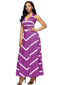 Sexy Purple V Neck Cut out Back Printed Maxi Dress