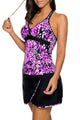 Sexy Purple White Spots V-neck Tankini Wrapped Skirt Swimsuit