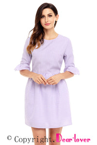 Sexy Purple White Stripe Flounce Sleeve Seersucker Dress