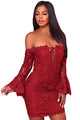 Sexy Purplish Red Crochet Overlay Off The Shoulder Fitted Mini Dress