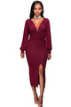 Sexy Purplish Red Deep V Neck Ruched Bodice Slit Sleeves Midi Dress