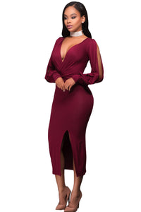 Sexy Purplish Red Deep V Neck Ruched Bodice Slit Sleeves Midi Dress