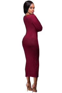 Sexy Purplish Red Deep V Neck Ruched Bodice Slit Sleeves Midi Dress