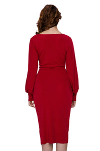 Sexy Purplish Red Deep V Neck Ruched Bodice Slit Sleeves Midi Dress