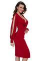 Sexy Purplish Red Deep V Neck Ruched Bodice Slit Sleeves Midi Dress