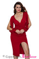 Sexy Purplish Red Deep V Neck Ruched Bodice Slit Sleeves Midi Dress