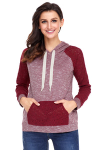 Sexy Purplish Red Lace Accent Kangaroo Pocket Hoodie